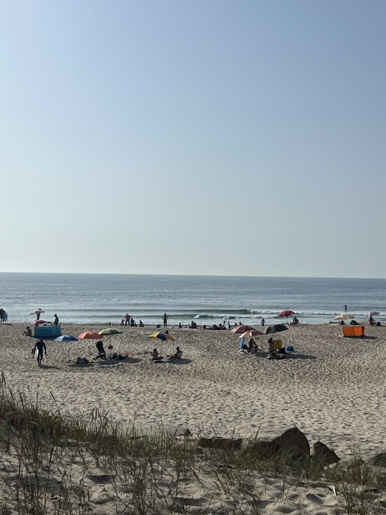 Checking the surfing conditions at praia de paramos before a surf lesson with tranportation from porto